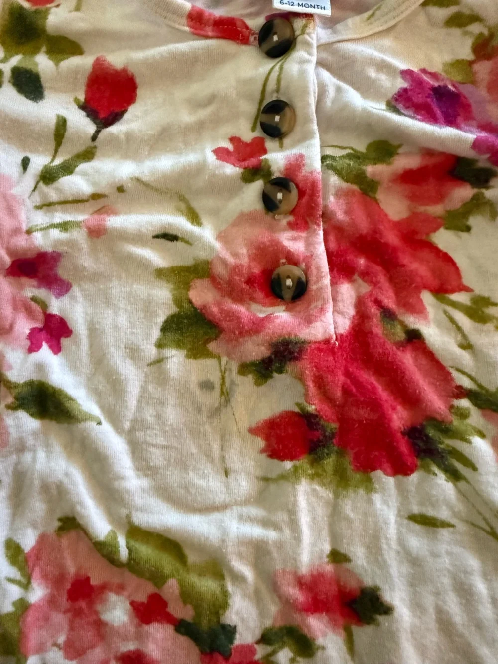 Lou Lou 6-12 month Floral Pink & Green Cozy Button Romper